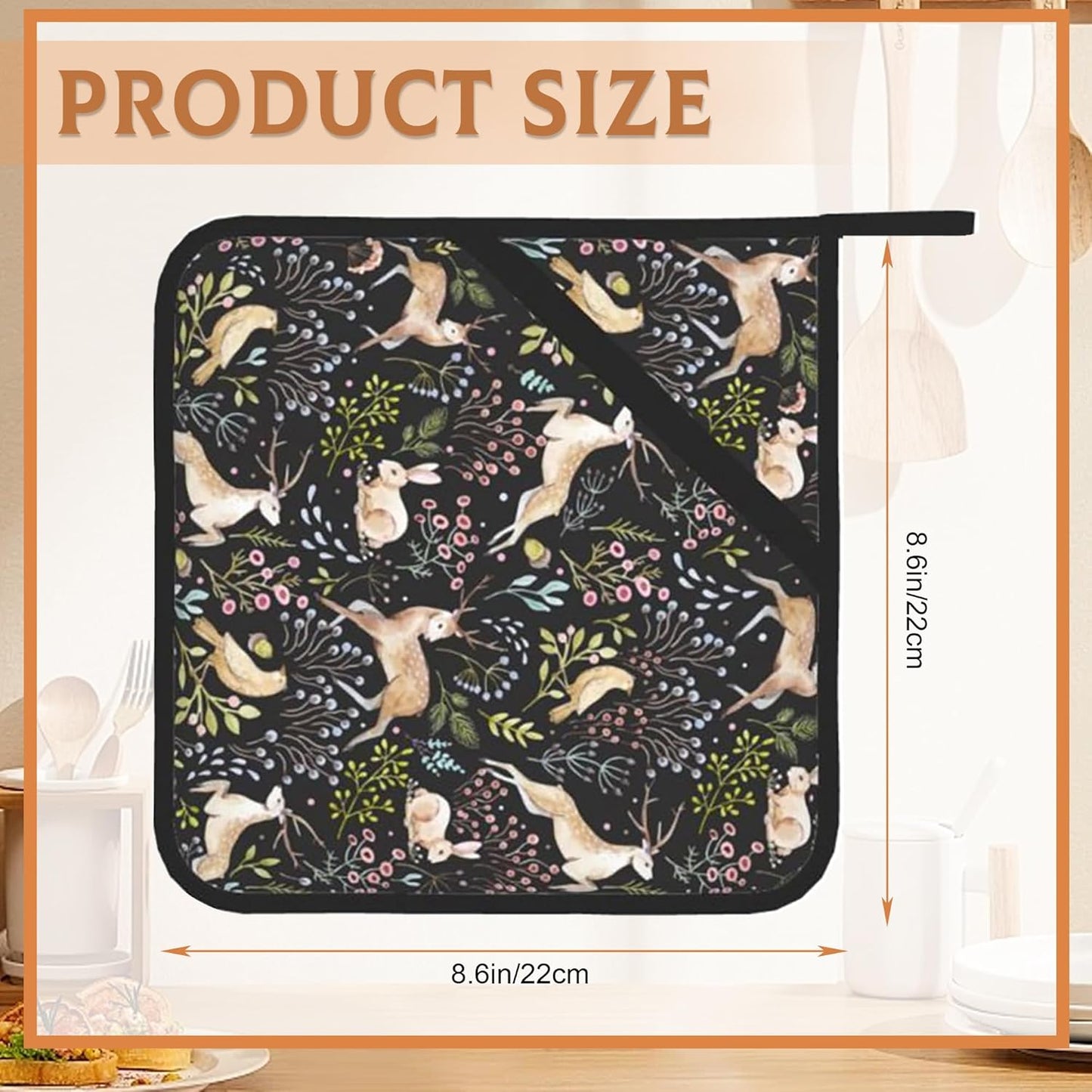 2PCS Forest Deer Pot Holder with Loop,Heat Resistant Oven Pads,Hot Pat for Kitchen Cooking Baking Food