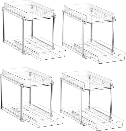 JLKDQ 4 Pack Bathroom Under Sink Organizers and Storage, 2-Tier Pull Out Medicine Cabinet Organizing- Kitchen, Pantry, Medicine Storage Bins, Vanity Makeup.(Clear,10.63" L x 8.0" W x 8.46" H).