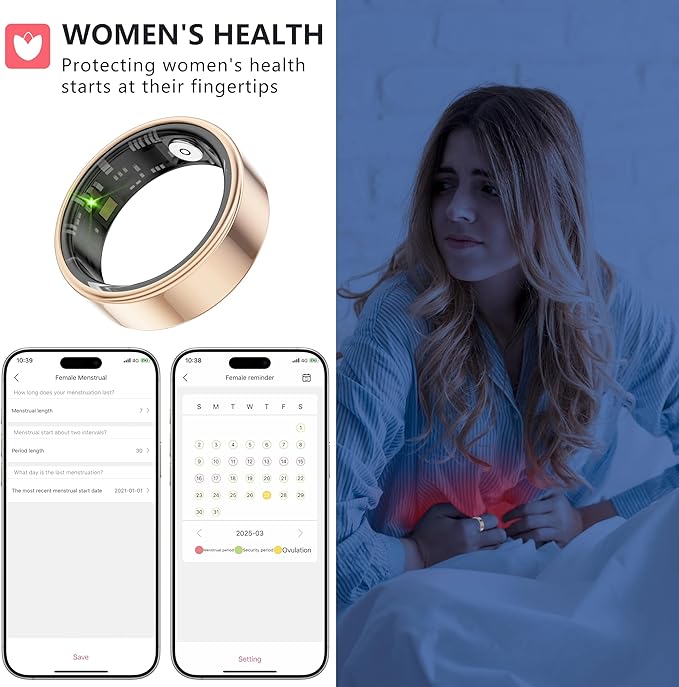 Thin Smart Ring for Fitness & Health Tracking -Pedometer,Sleep/Heart Rate/Blood Oxygen Monitor, Gesture Control / 5ATM Waterproof -No APP Subscription Compatible with Android& iOS (Rose Gold, 9)