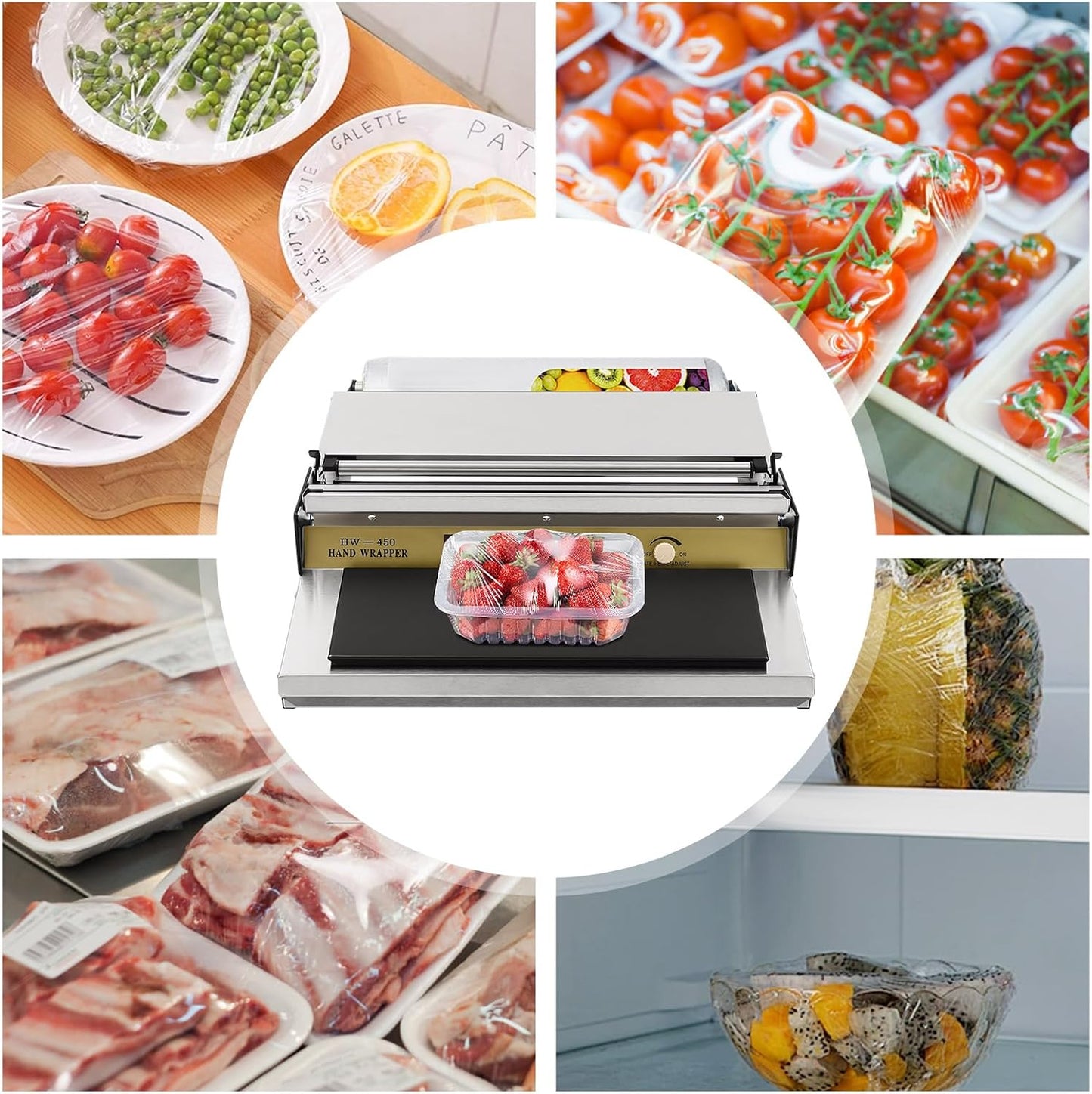 18 Inch/45CM Hand Wrapping Machine Film Wrapper for Food Packaging, Large Tray Cling Film Wrapper Dispenser with 5-Level Adjustable Heat, Cutter and Heating Plate Individual On/Off Control