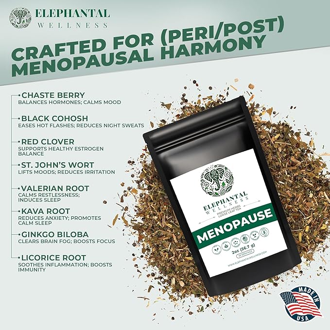 Elephantal Wellness Premium Menopause Herbal Tea | Hormonal Balance & Hot Flash Support with Chaste Berry, Red Clover, Black Cohosh & Valerian | Handmade, Caffeine-Free, Non-GMO Loose Leaf Blend | 2oz, 20 Servings