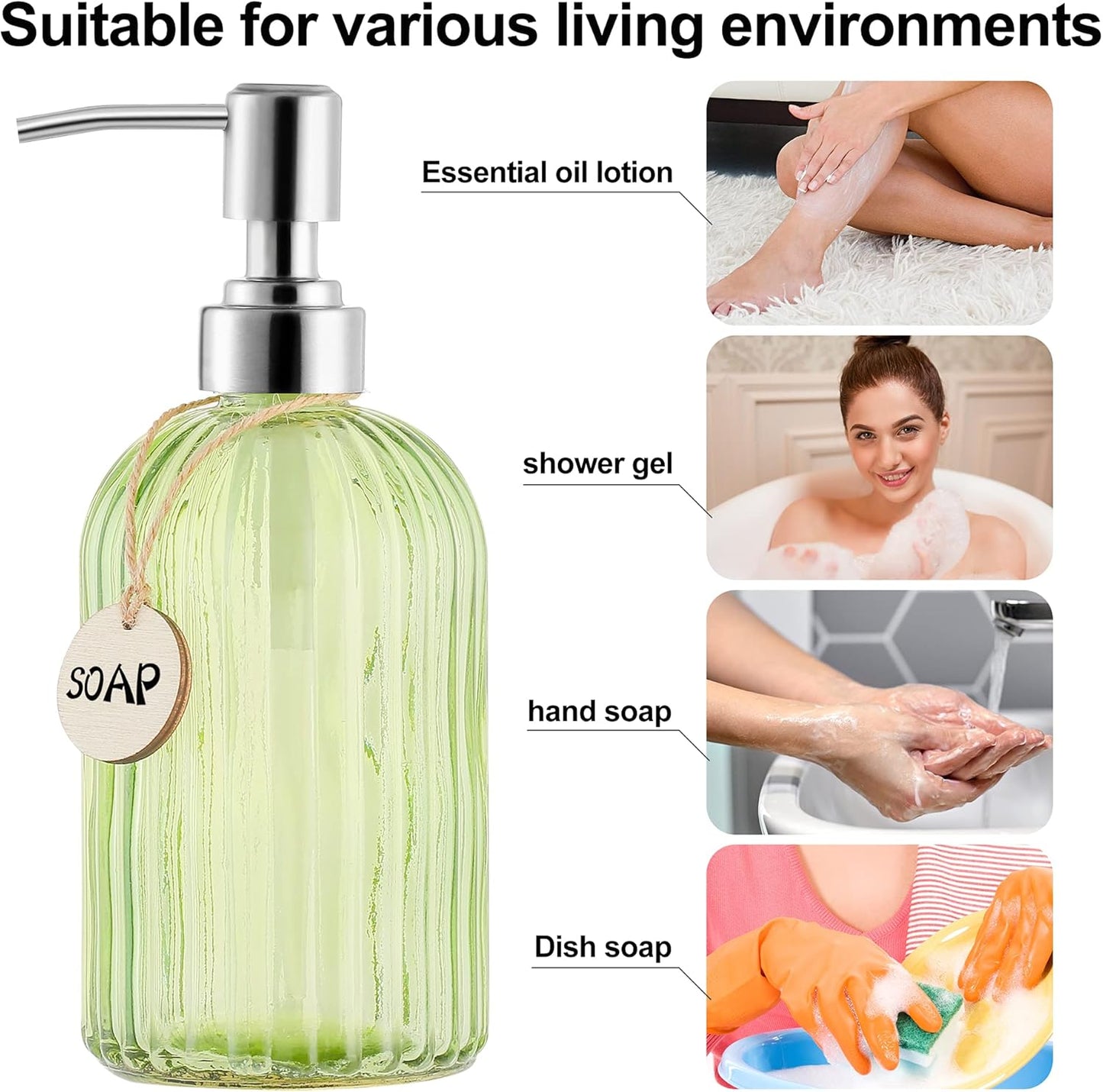 16 OZ Soap Dispenser，Tempered Glass Clear Vertical Stripe with 304 Rust Proof Stainless Steel Pump Refillable Liquid Hand Soap Dispenser，for Bathroom, Kitchen, Dish Soap，Lotion (Green)