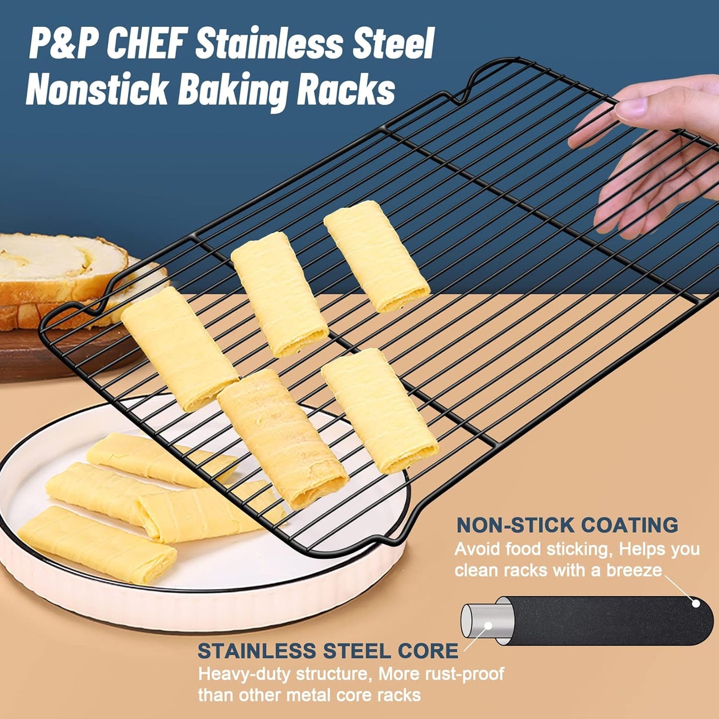 P&P CHEF Cooling Baking Rack Pack of 2, Stainless Steel Cooling Racks for Cooking Baking Roasting Grilling Drying, Dense Wires & Smooth Edge, Easy to clean, Black, 16.6" x 11.5"