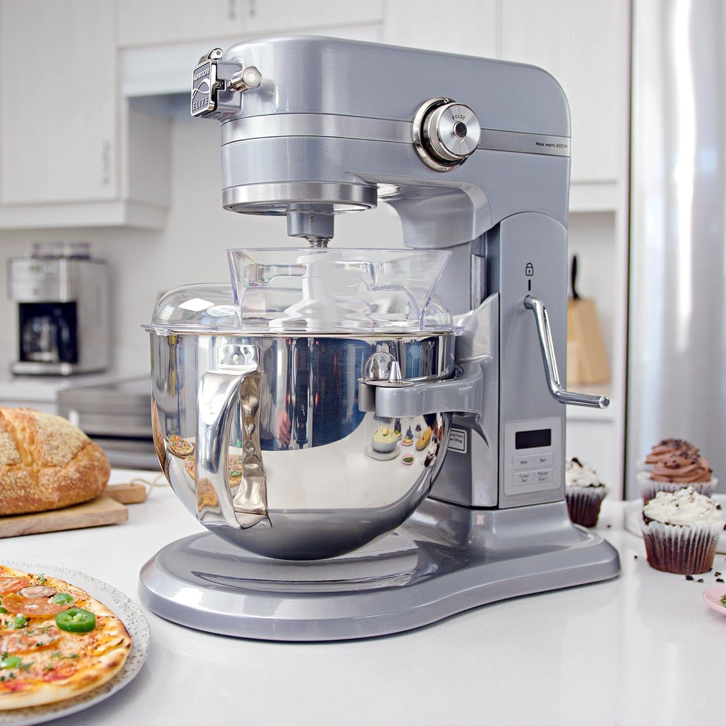 Kenmore Elite Heavy-Duty 6 Qt Bowl-Lift Stand Mixer, 600 Watts, with Flat Beater, Wire Whisk, Dough Hook, Stainless Steel Bowls, LED Light, Digital Countdown Timer, Metallic Grey