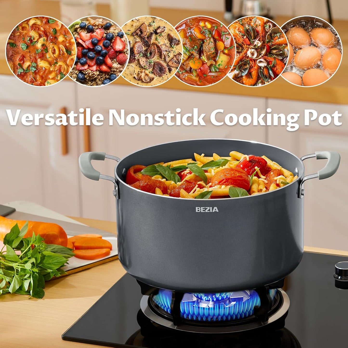 6 Quart Pot with Lid, BEZIA Ceramic Nonstick Stock Pot with Lid, Induction Ready, Large Cooking Pot with Silicone Handle, Compatible with All Cooktops, Dishwasher Safe