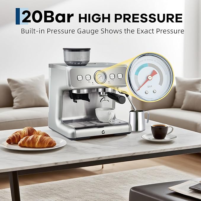 Garvee 20 Bar Pressure Stainless Steel Espresso Machine with Grinder, 2.8L Removable Water Tank, Milk Frother Steam Wand for Latte/Cappuccino - Adjustable Shot Volume, Professional Home/Office Use