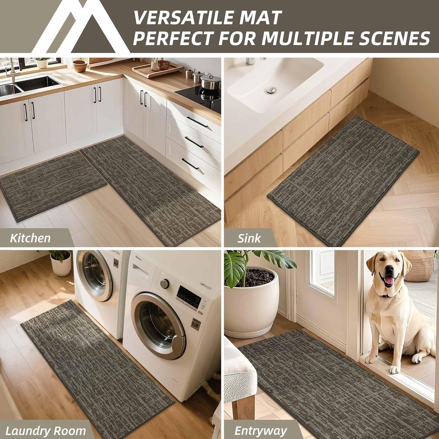 COSY HOMEER Kitchen Rugs Non Slip Washable 24"x36"+24"x60" Absorbent Soft Kitchen Mats for Floor Polyester Kitchen Runner Rug Sets of 2 Kitchen Floor Mats for Sink Mat,Hallway,Laundry,Light Brown