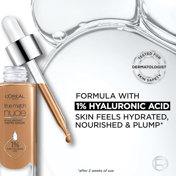 L'Oreal Paris True Match Nude Hyaluronic Tinted Serum Foundation with 1% Hyaluronic acid, Medium Tan 5-6, 1 fl. oz.