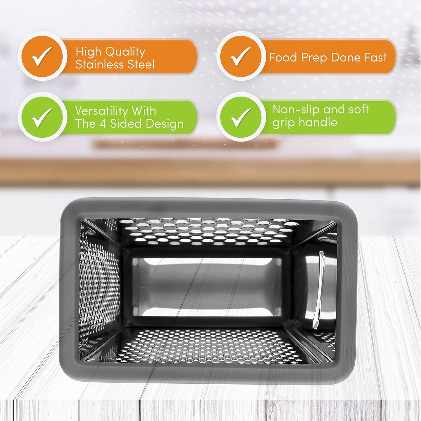 Spring Chef Professional Gray 10" Stainless Steel Parmesan Cheese Grater with Handle, 4 Sided Handheld Box Grater, Kitchen Carrot Shredder for Potato, Cheese, Ginger, Vegetables, Hashbrown