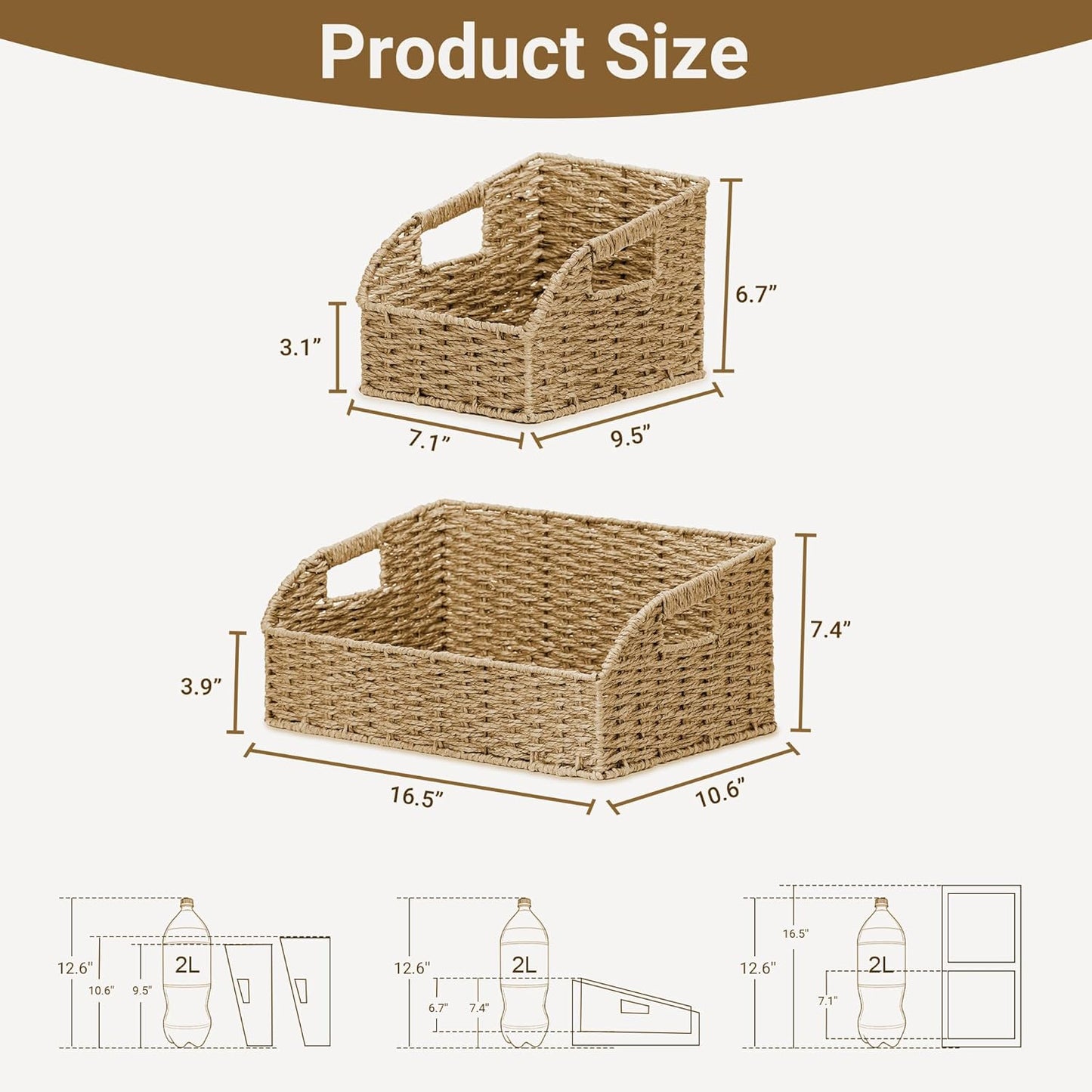 Wicker Baskets for Organizing,Pantry, Kitchen Counter with Handles, Handwoven Woven Storage Baskets for Fruit, Bread, Vegetable, Paper Storage Bins for Shelves, 3 Pack, Natural