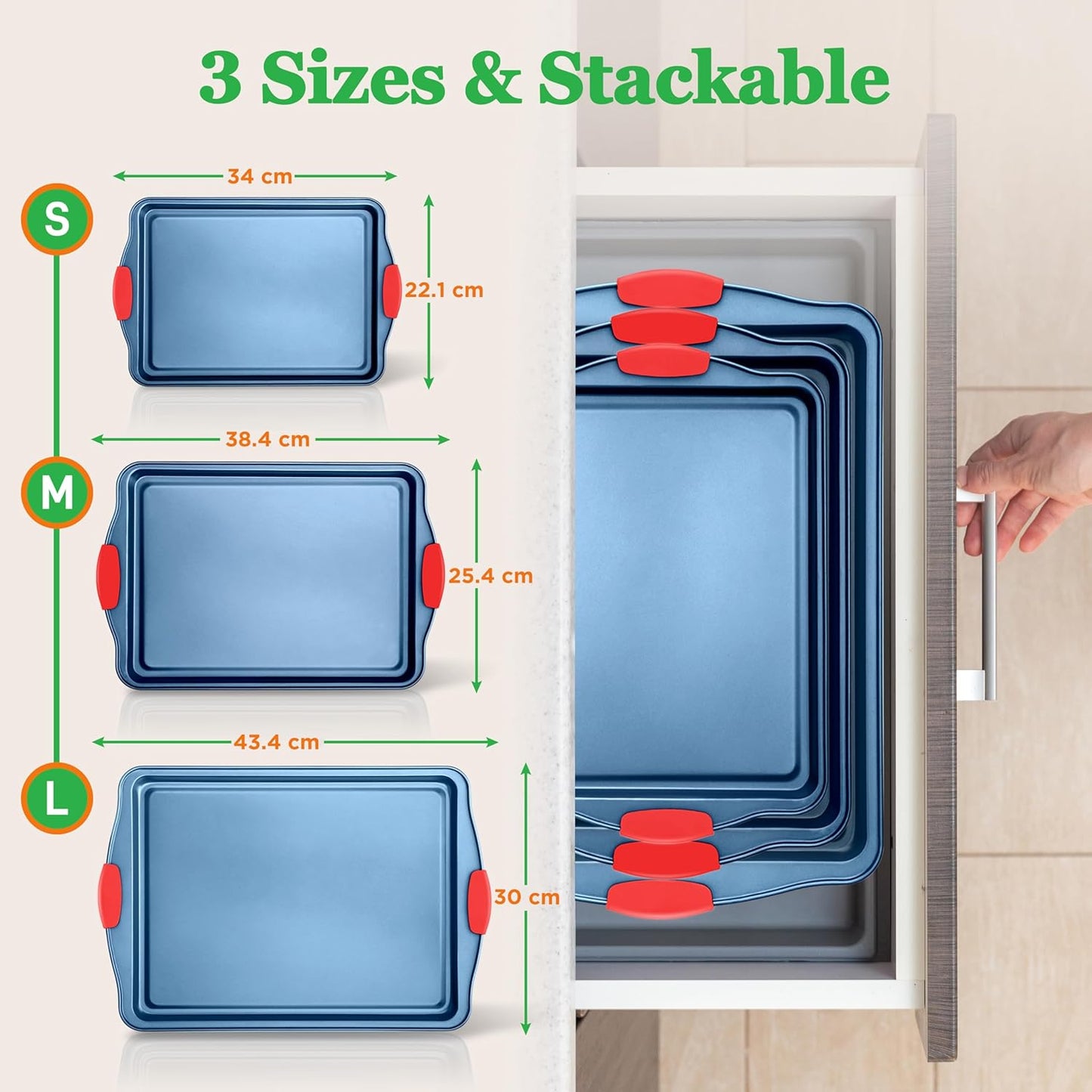 NutriChef 3-Piece Nonstick Cookie Sheets for Baking - Premium Carbon Steel Baking Trays w/ Non-Stick Smooth Coating & Silicone Handles - Large, Medium, & Small Bakeware - Blue