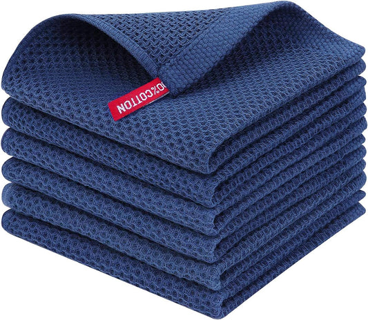 Homaxy 100% Cotton Waffle Weave Kitchen Dish Cloths, Ultra Soft Absorbent Quick Drying Dish Towels, 12 x 12 Inches, 6-Pack, Navy Blue