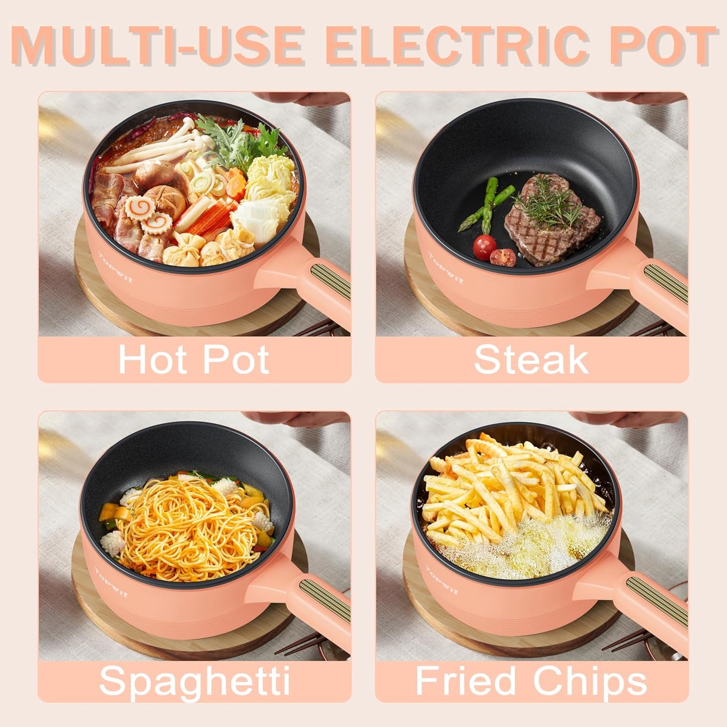 TOPWIT Hot Pot Electric with Steamer, 𝟐𝐋 Electric Pot, Non-Stick Portable Cooker, Portable Pot, Sauté Pan for Steak, Egg, Ramen, Soup with Dual Power Control (Silicone Spatula Included), Peach