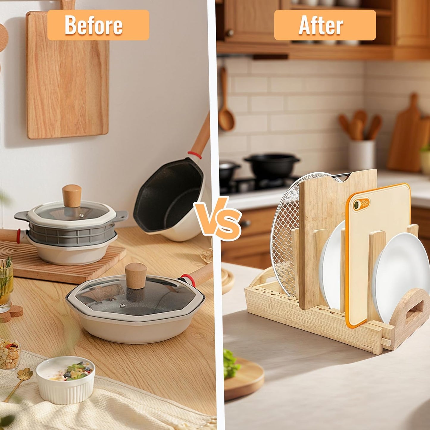 Pots and Pans Organizer Rack for Cabinet, Bamboo Expandable Pot Lid Organizer Holder with 10 Adjustable Compartment, Kitchen Cabinet Organizer for Lids & Bakeware - Pantry & Countertop Storage Rack