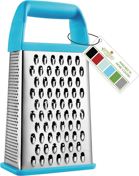 Spring Chef Professional 10" Stainless Steel Parmesan Cheese Grater with Handle, 4 Sided Handheld Box Grater, Kitchen Food Shredder for Potato, Cheese, Ginger, Veggie - Aqua Sky