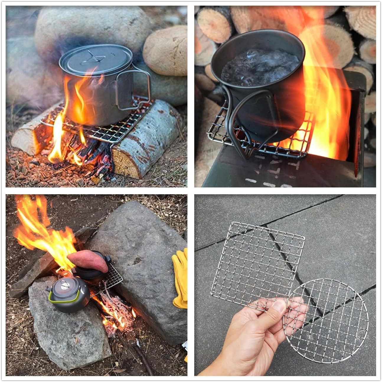 2Peices Backpacker Bushcraft Grill Grate Stainless Steel BBQ Cooking Grill Mesh Campfire Grill Square Round for Camping, Backpacking, Hunting Fishing