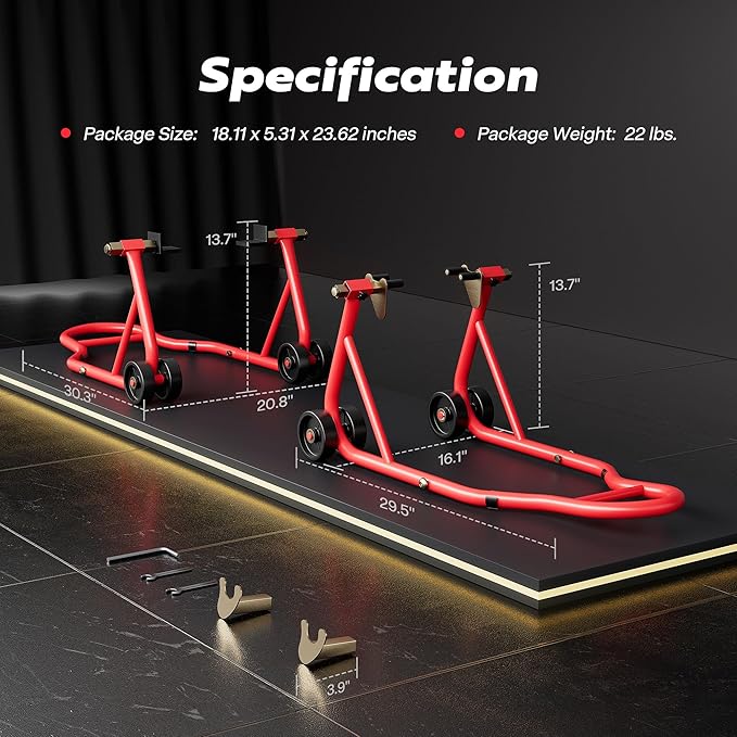SPECSTAR Motorcycle Stands, 882 Lbs Capacity Front Rear Wheels Lift Combo with U+L Adjustable Swingarm Spool, Heavy Duty Paddock Stands for BMW Suzuki Yamaha Honda Kawasaki, Red