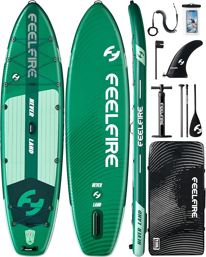 Feelfire11'x34” Extra Wide Inflatable Paddleboard, Stand-up Paddle Board for Adults, 420lb Capacity for Yoga/Fishing/Family, EVA Deck, US Fin, High-Pressure Pump, Storage Backpack, Safety Leash
