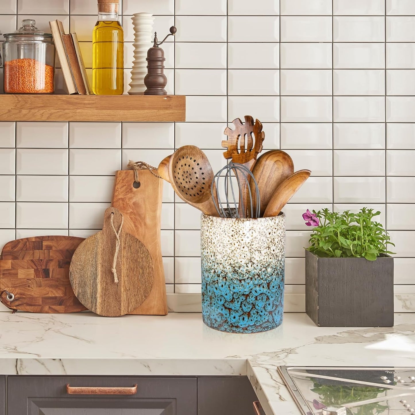 Utensil Holder, Ceramic Kitchen Utensil Holder for Countertop, Large Cooking Utensil Crocks for Kitchen Counter, Morden Utensil Organizer for Spatula, kitchen Decor,White & Blue