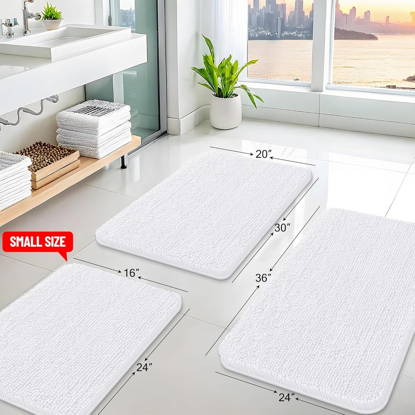 Arotive Bathroom Rugs 30x20, Extra Soft Absorbent Shaggy Chenille Bath Rugs, Machine Washable Rubber Backing Non-Slip Bath Mats for Bathroom Floor Tub and Shower, Home Decor Accessories, White