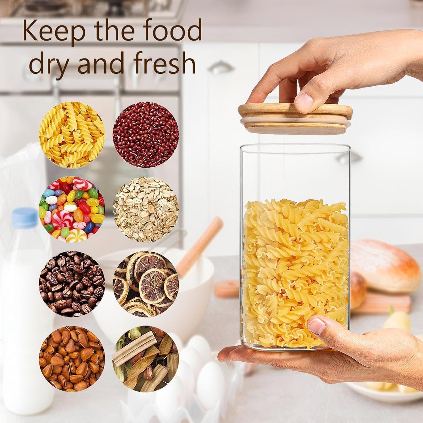 1.6 Qt Square Glass Storage Containers with Lids, Clear Food Storage Container Jar with Sealing Bamboo Lid for Noodles Flour Cereal Rice Sugar Tea Coffee Beans,Square Set of 3
