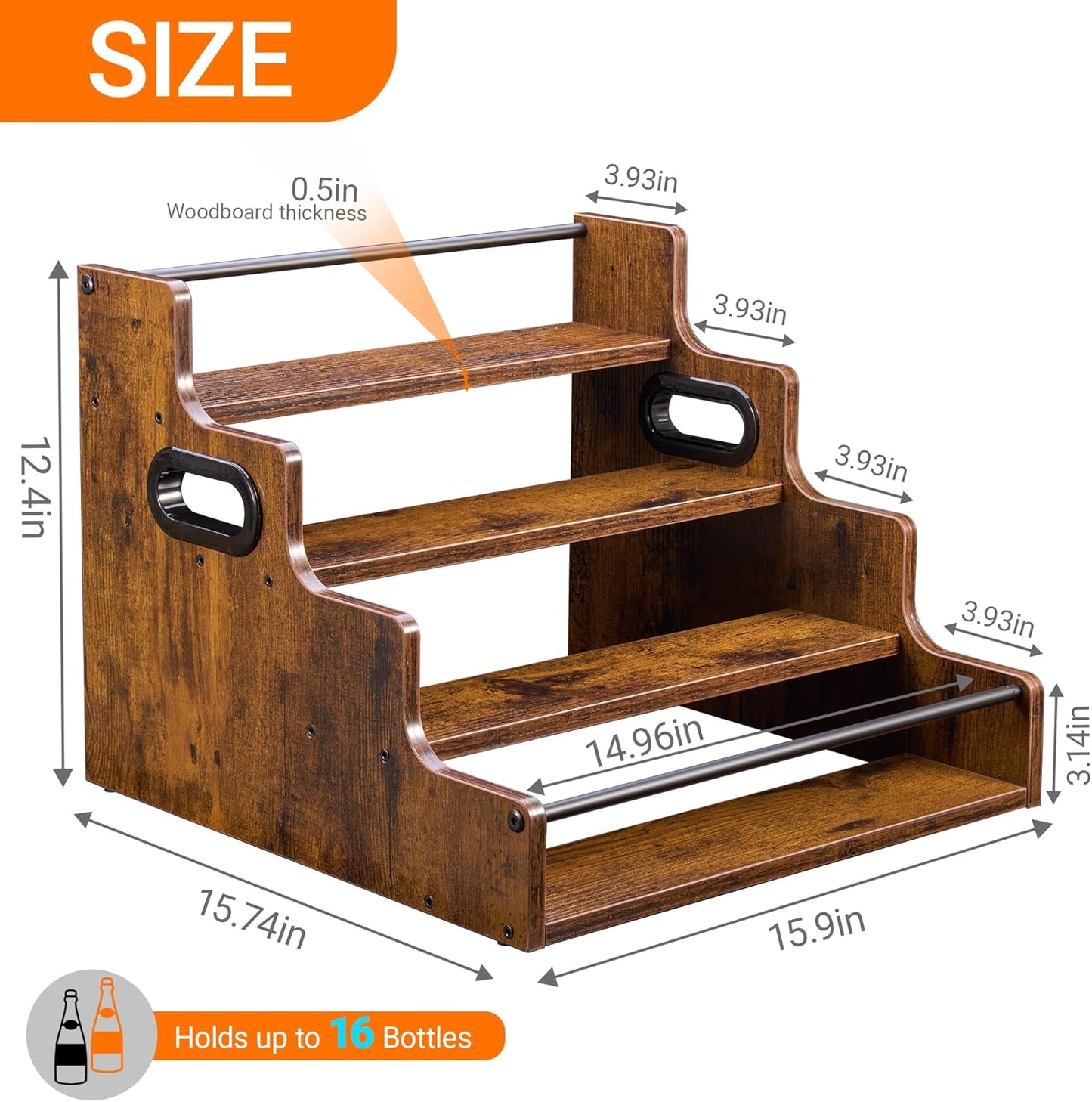 2 Pack 4-Tier Liquor Bottle Display Shelf, 16-Inch Wooden Bar Shelves for Liquor Bottles, Countertop Whiskey Shelf and Bourbon Shelf Organizer for Home Bar, Kitchen (Rustic Brown)