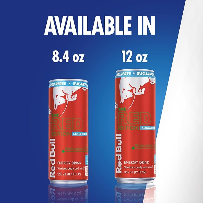 Red Bull Red Edition Sugar Free Energy Drink, Watermelon, with 80mg Caffeine plus Taurine & B Vitamins, 8.4 Fl Oz, 6 Packs of 4 Cans (Pack of 24)