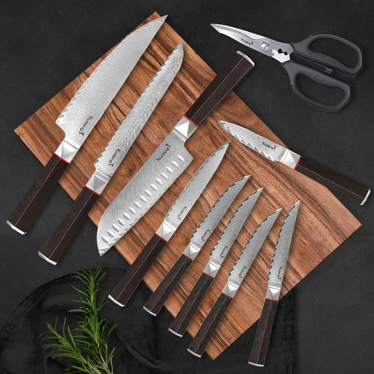 Kuisine Kitchen Knife Set,Damascus Steel Ultra Sharp, Ergonomic Non-slip Wood Handle, Chef Knife Block Set with Built-in Sharpener,Luxury Gift for Holiday(Silver, 12PCS)