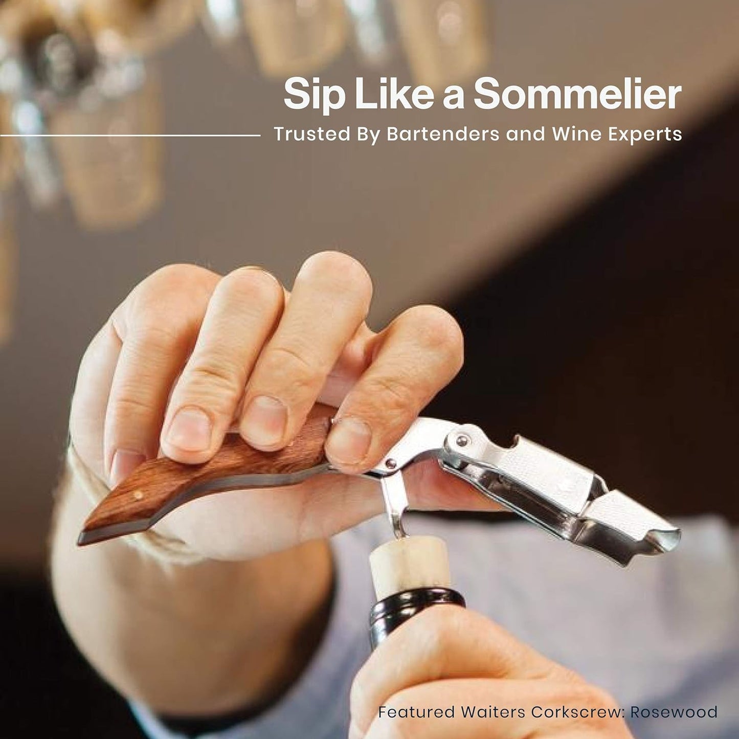 Hicoup Wine Opener - Professional Corkscrews for Wine Bottles w/Foil Cutter and Cap Remover - Manual Wine Key for Servers, Waiters, Bartenders and Home Use - Stainless Steel Ebony