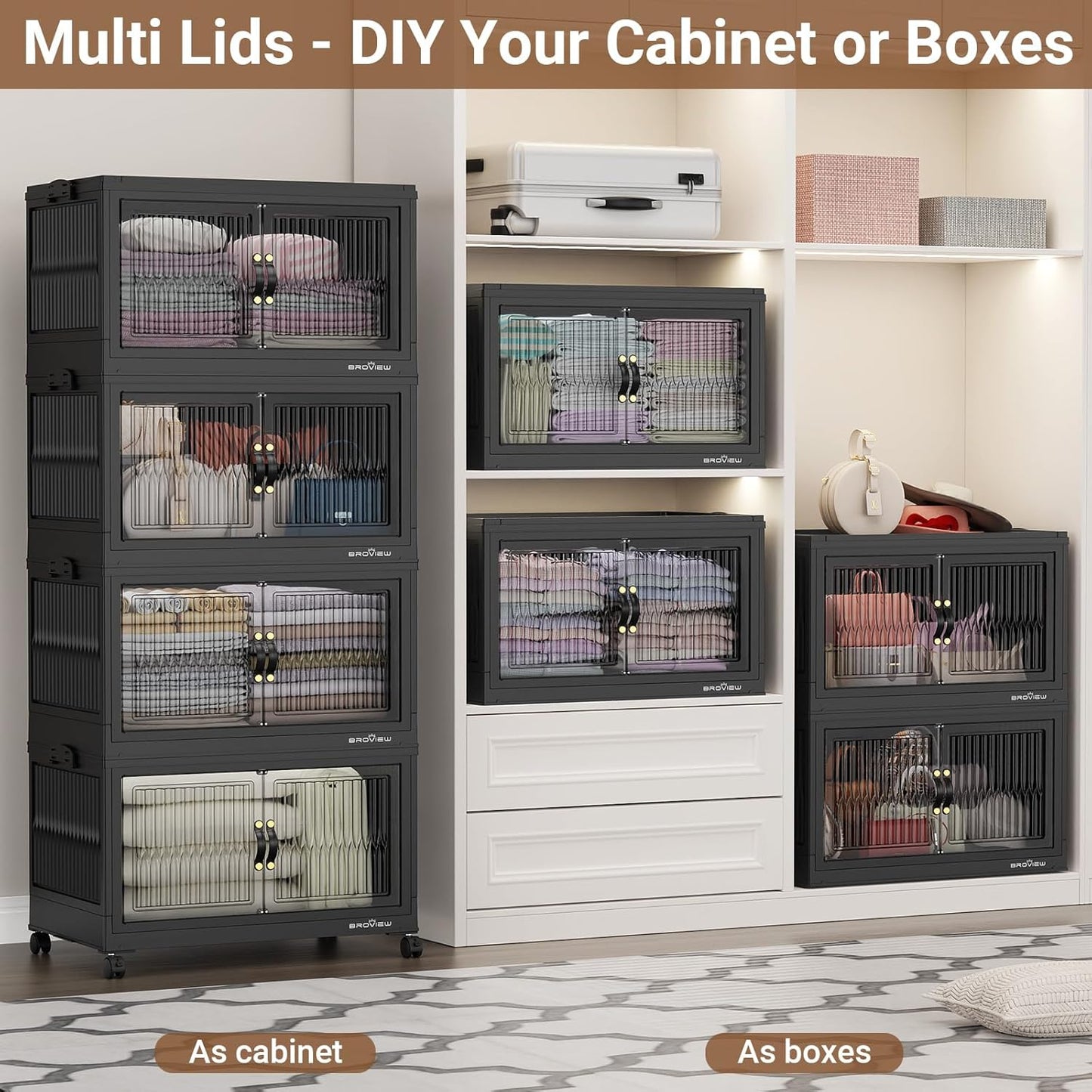 480Qt Stackable Storage Bins with 4 Lids, Extra Large Closet Organizer Collapsible Drawer Boxes with Wheels, Folding Plastic Cabinet Containers for Home Kitchen Room Organization, 4Pack Black