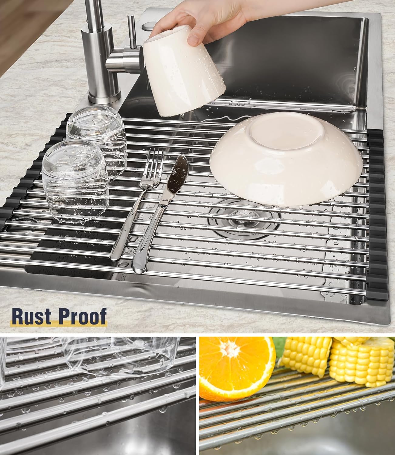 Tomorotec 17.7" x 12.5" Roll Up Dish Drying Rack Over Sink Drying Rack Sink Cover Kitchen Sink Accessories Gadget Multipurpose Organizer Foldable Stainless Steel Drainer