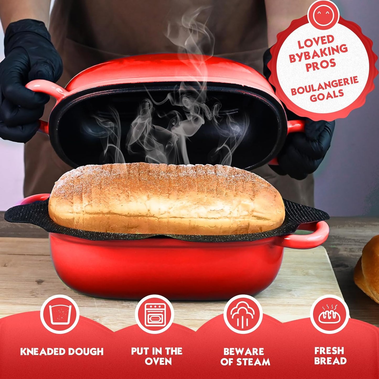 Dutch Oven for Bread Baking - 2.5QT Bread Pans for Homemade Bread with Perforated Non-Stick Silicone Liner Cast Iron Bread Pan Dutch Oven Loaf Pan with Lid and Loop Handle for Homemade Breadmaking,Red