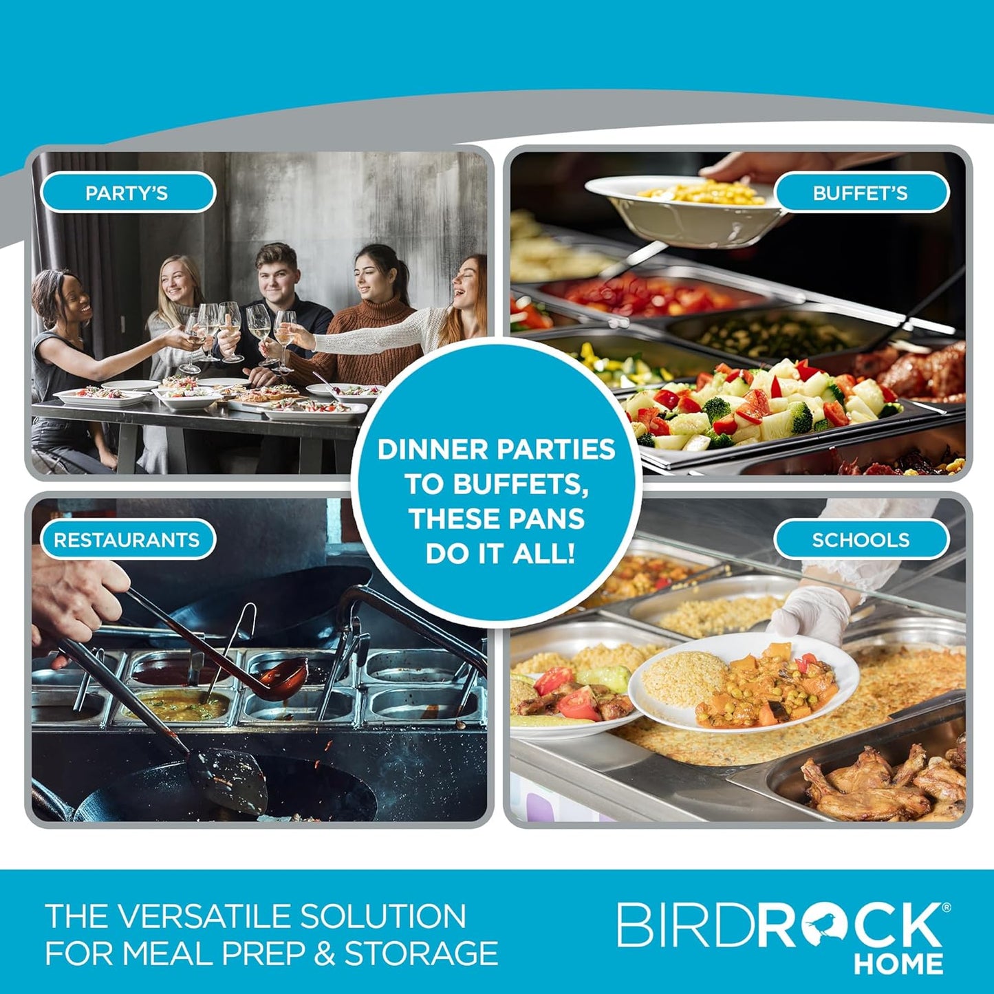 BIRDROCK HOME Stainless Steel Steam Table Pan Lids - Restaurant and Catering Supplies - 24 Gauge Steel - Perfect for Meal Prep, Cooking, and Food Storage Container - 6 Pack, Fits 1/2-Size Hotel Pans