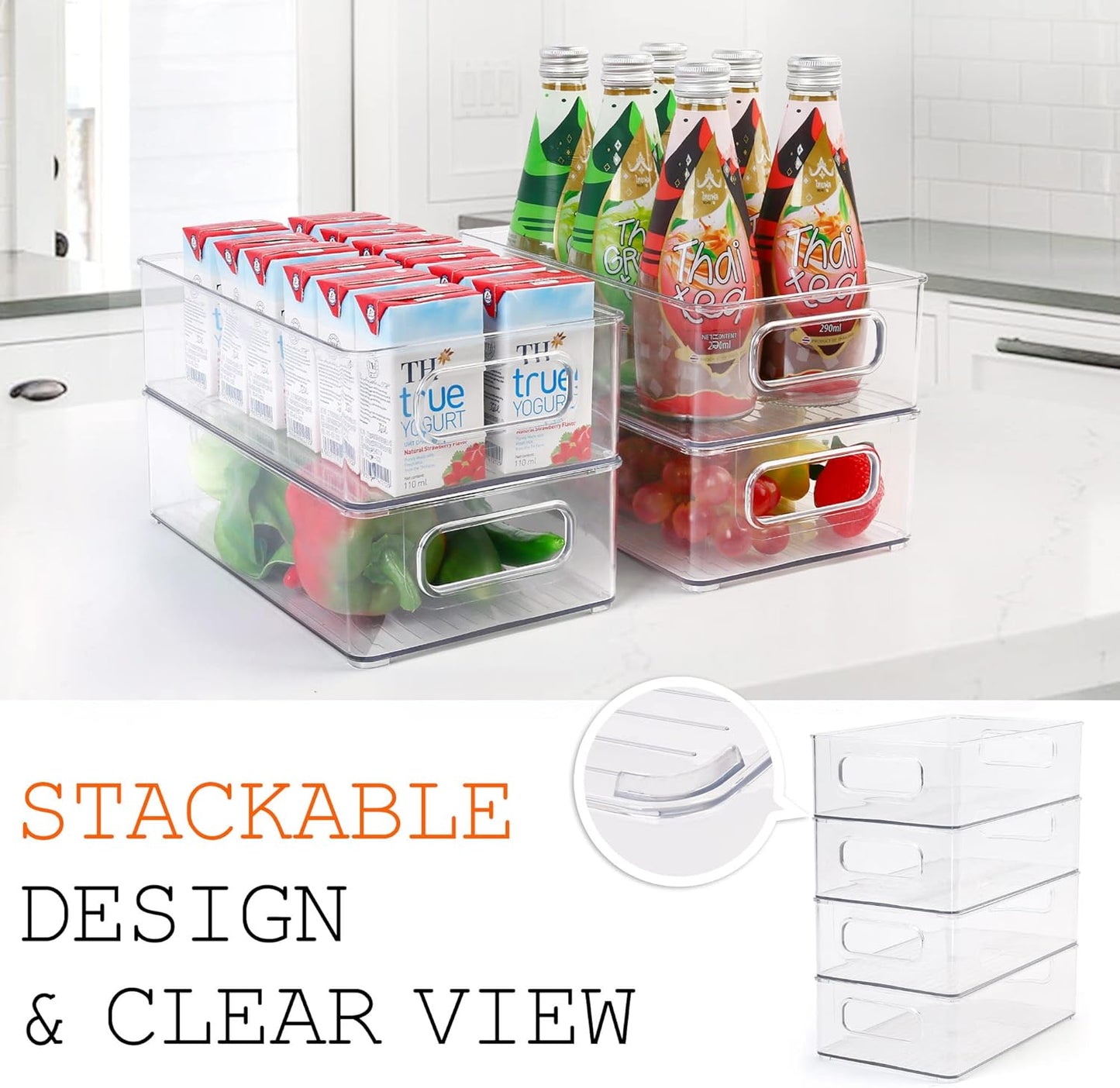 LotFancy Refrigerator Organizer Bins, 4 Pack,10x6x3 in, BPA Free Clear Plastic Storage Bins for Pantry Organization, Stackable Containers with Handles for Fridge, Kitchen Drawer, Freezer, Cabinet