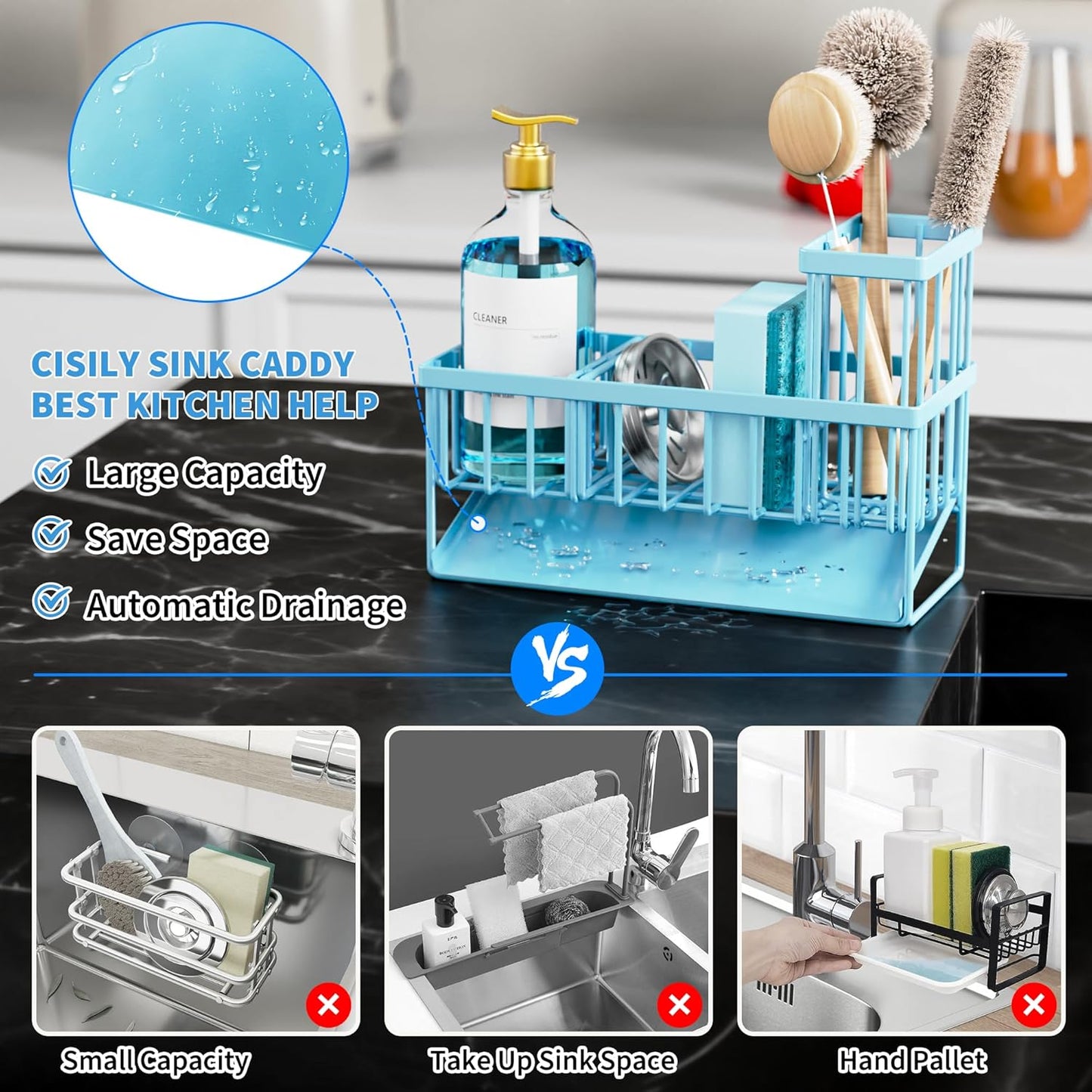 Cisily Blue Kitchen Sink Caddy Organzier with High Brush Holder, Sponge Holder for Sink, 304 Rustproof Stainless, Kitchen Countertop Soap Dispenser Organizer, Home Decor and Accessories
