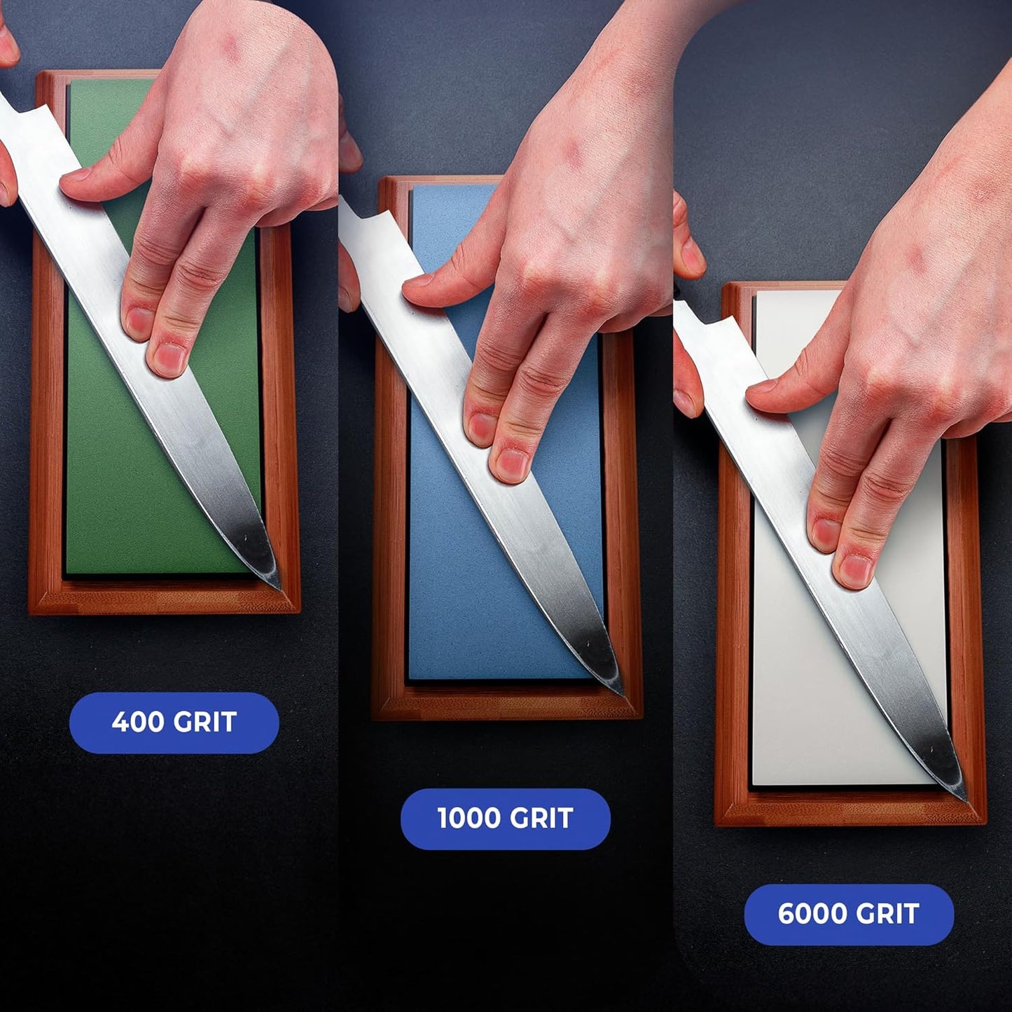 Sharp Pebble Knife Sharpening Stones Kit -Grits 400/1000/6000 Extra Large Whetstone- Wet Stone Knives Sharpener Set with NonSlip Bamboo Base & Flattening Stone