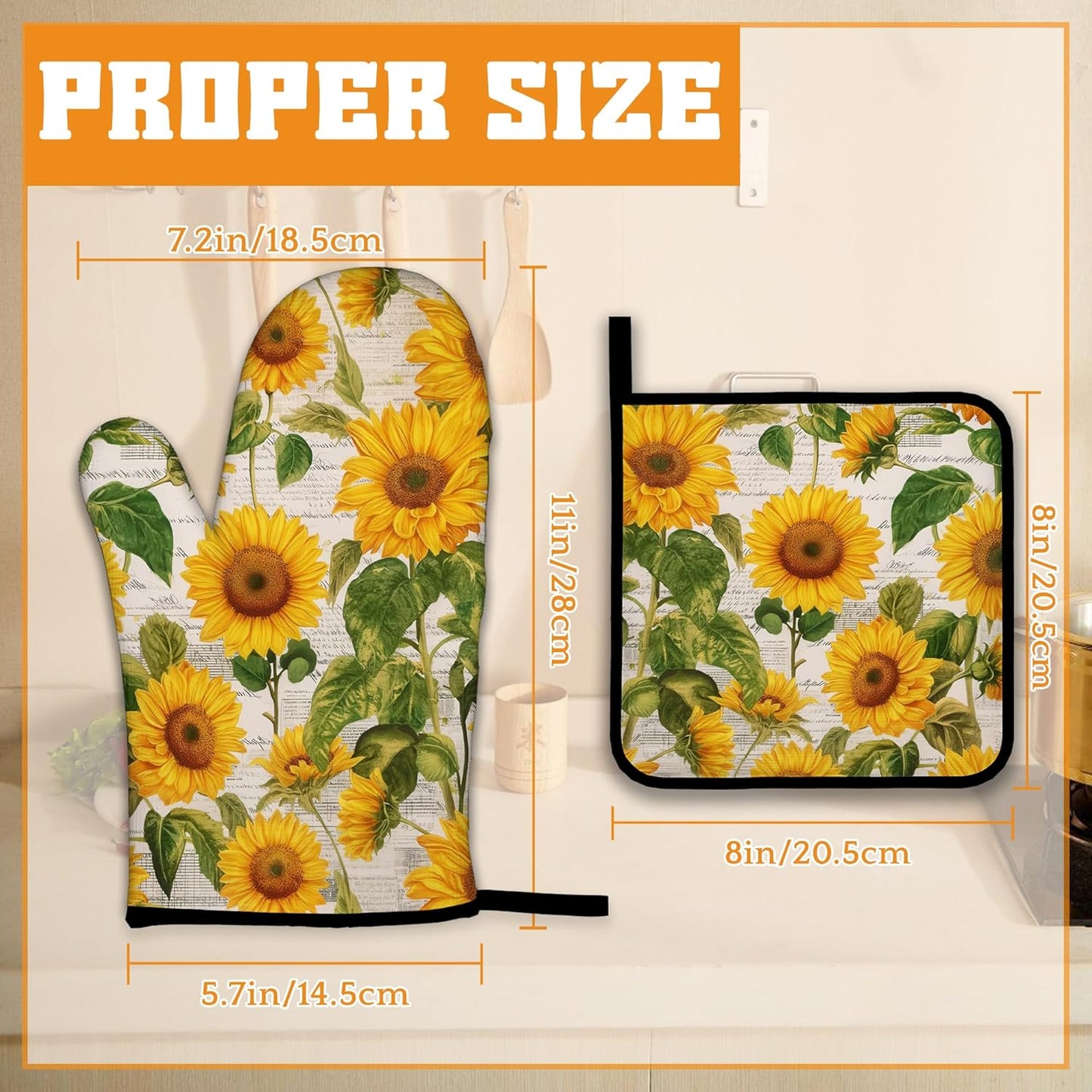 Vintage Sunflower Oven Mitts and Pot Holders,Heat Resistant Oven Mitts Gloves and Pot Holder for Home Kitchen Decorations Cooking Baking BBQ Gifts,Set of 4