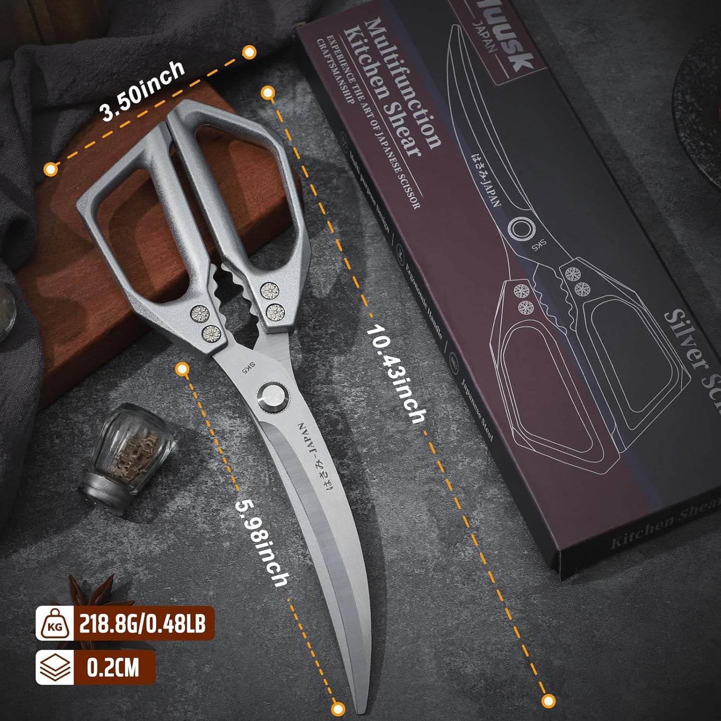 HUUSK Kitchen Scissors Silver - Stainless Steel Kitchen Shears for Food, Japanese Cooking Scissor, Sharp Meat Scissors Dishwasher Safe, Heavy Duty Poultry Shears for Chicken Bones, and Turkey