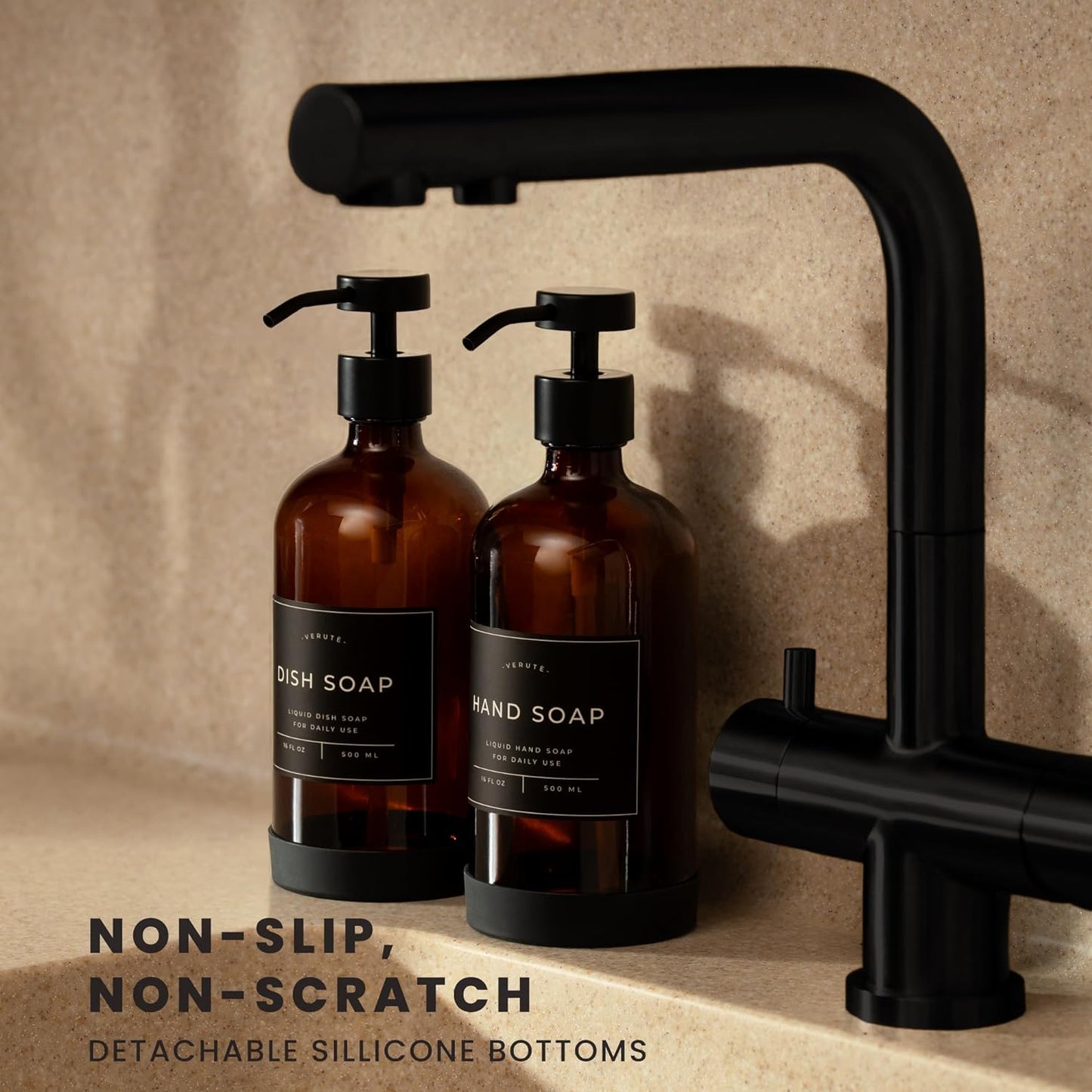 16oz Glass Soap Dispenser with Stainless Steel Pump, 21 Waterproof Labels, Non-Slip Protective Silicone Pad, Set of 2 for Bathroom & Kitchen (Amber Bottle/Black Pump)