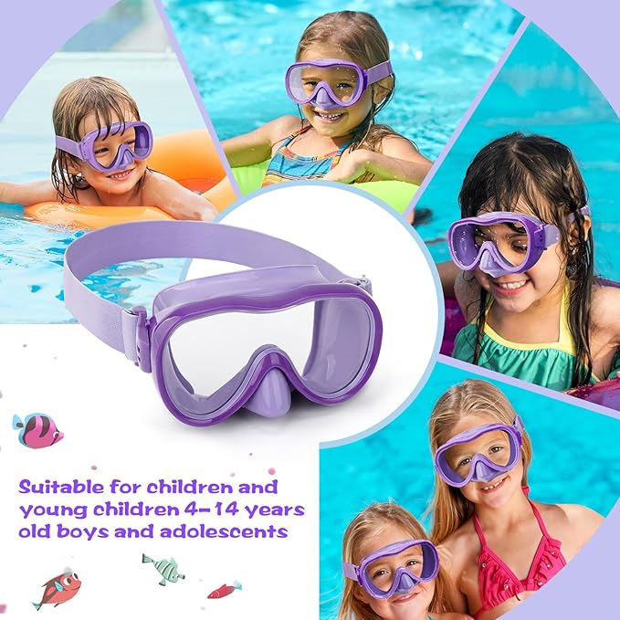 Kids Swim Goggles 180° Snorkel Diving Mask with Nose Cover, Anti-Fog Kids Swimming Goggles with Elastic Fabric Strap for Kids Boys Girls