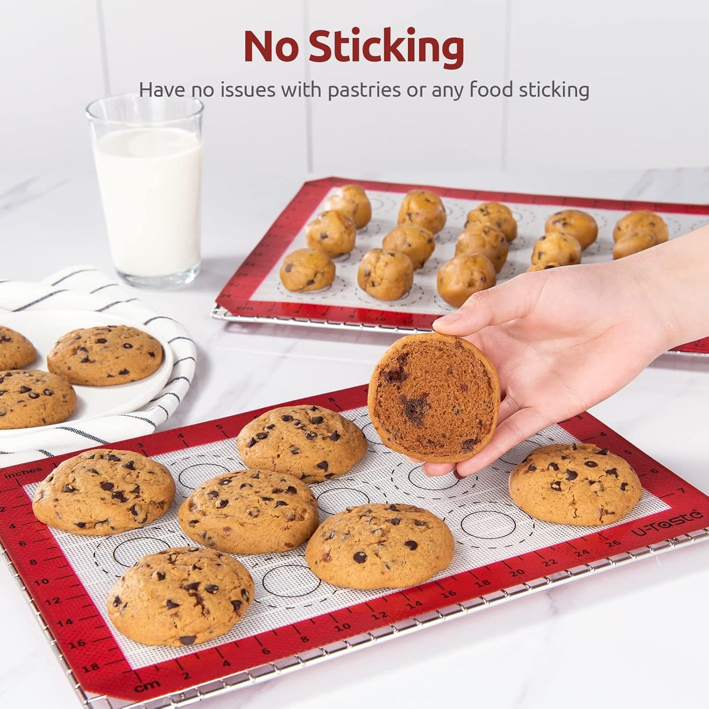 446ºF Heat Resistant Macaron Mat: U-Taste 14.17x9.44in Non Stick Silicone Baking Mat, Reusable Cookies Pastry Sheet Liner with Edge Enhancement & Circle Measurement for Cake Pan (Red)