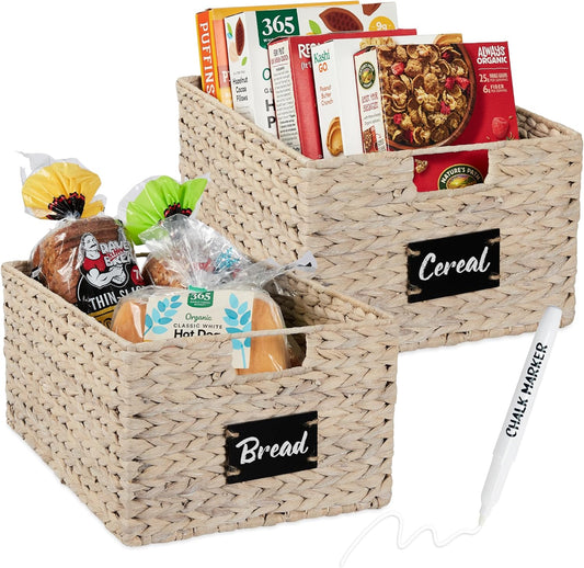Best Choice Products Pantry Baskets Set of 2 16x12in Water Hyacinth Storage Baskets, Woven Wicker Kitchen Organizers with handles w/Chalkboard Label Chalk Marker - White