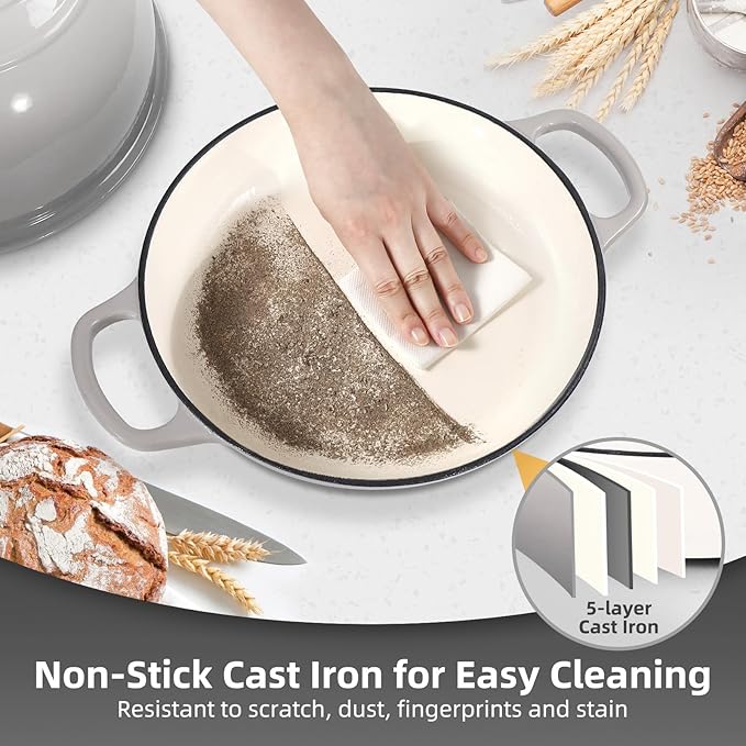 Davivy 5.5QT Cast Iron Dutch Oven with Lid, Bread Dutch Oven for Sourdough Bread, 10" Round Sourdough Bread Baking Pan, Enameled Cast Iron Bread Oven - Light Grey