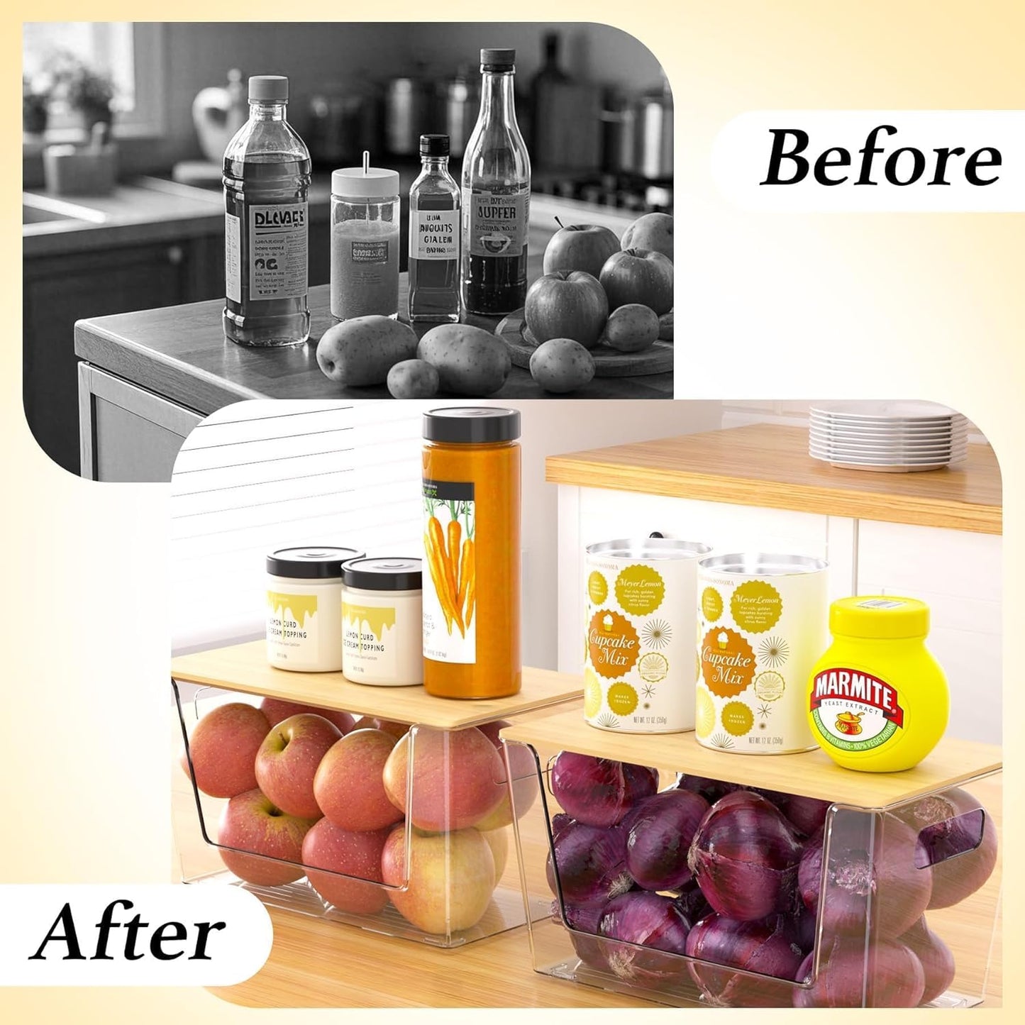 2 Set Pantry Organizers and Storage - Kitchen Organizer with Bamboo Lid for Fruit, Onion, Potato, Vegetable - Clear Stackable Bins for Kitchen Cabinet, Refrigerator, Home Organization