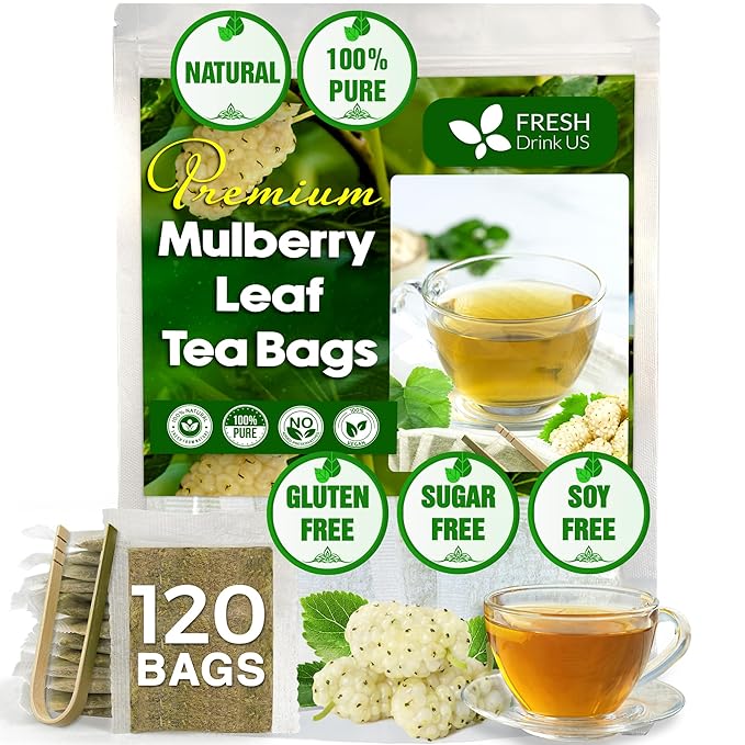 FreshDrinkUS Premium 120 Mulberry Leaf Tea Bags, 100% Natural & Pure. Loose Leaf Herbal Tea. Made with Natural Material Tea Bags. No Sugar, No Caffeine, No Gluten, Vegan