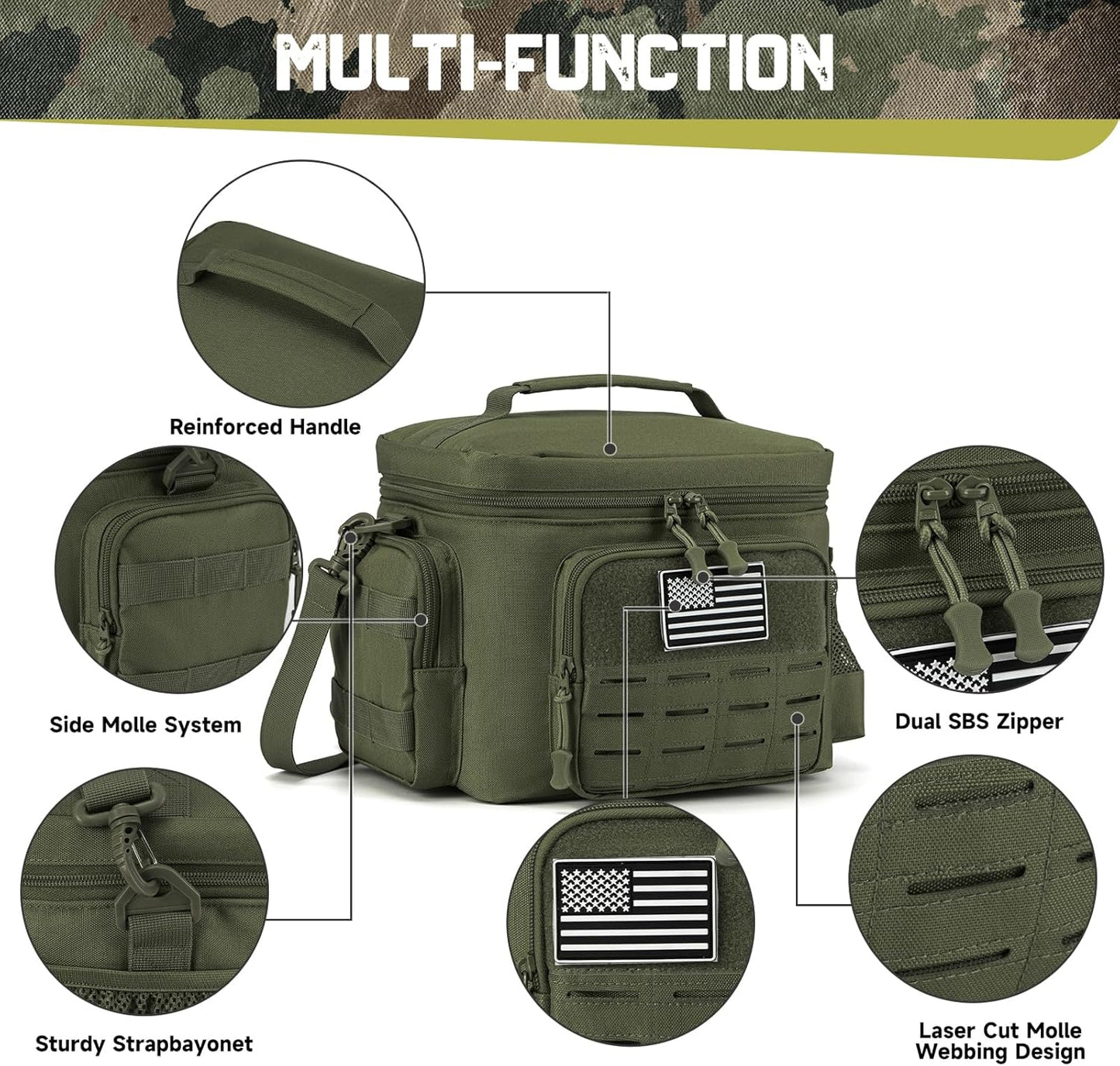 QT&QY Tactical Lunch Bag for Mens Military Heavy Duty Lunch Box Work Leakproof Insulated Durable Thermal Cooler Bag for Adult Meal for Office Camping Picnic Pail MOLLE Webbing Army Green