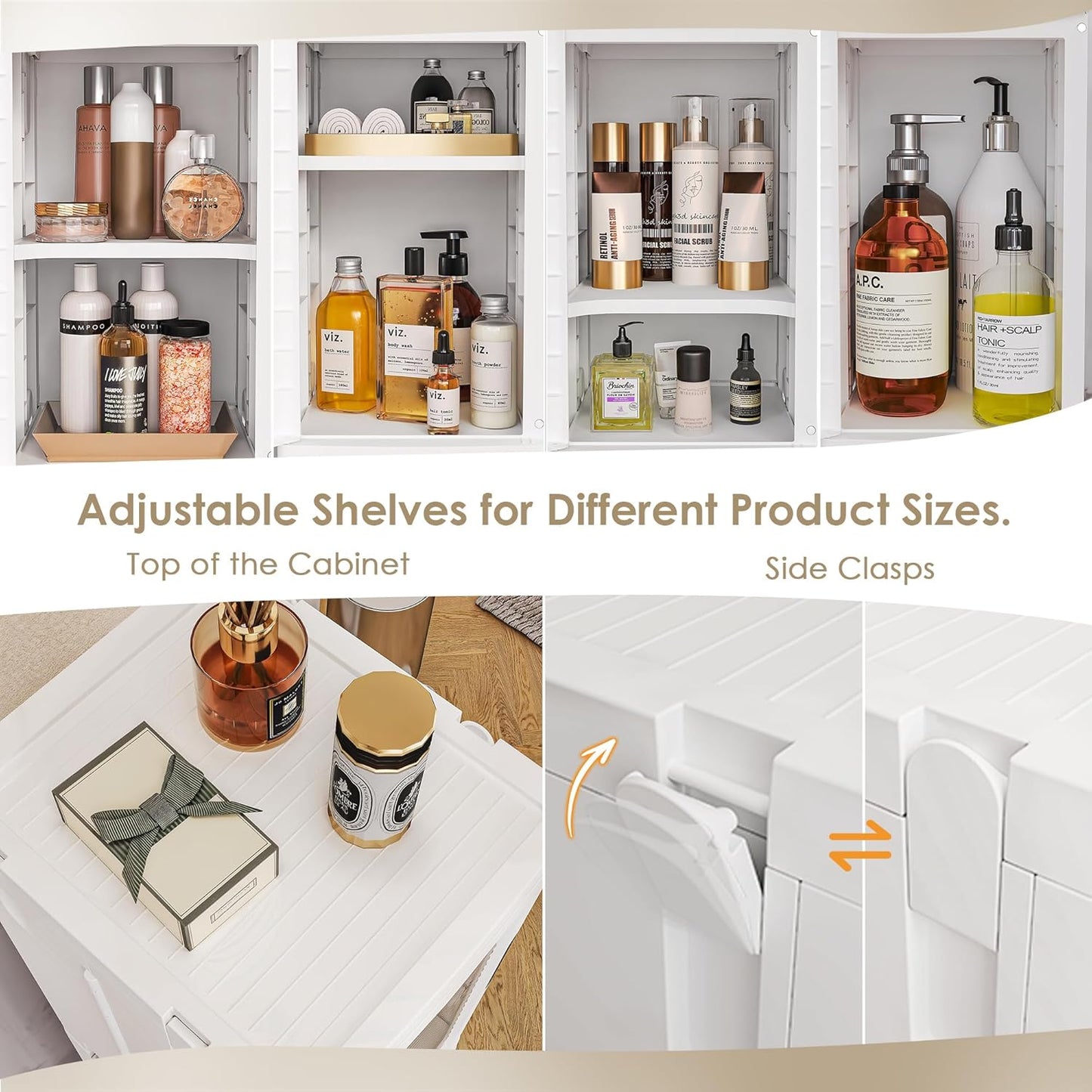 VECELO 4-Tier Plastic Tall Narrow Storage Cabinet with Movable Wheels, Adjustable Shelves, Magnetic Doors, Slim Bathroom Organizers and Storage for Small Space, Bathroom, Kitchen, Laundry, White