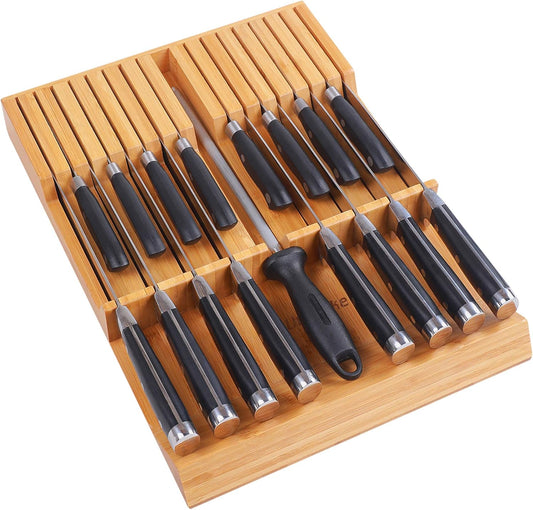 Utoplike In-drawer Knife Block Bamboo Kitchen Knife Drawer Organizer,Large handle Steak knife Holder without Knives, fit for 16 knives and 1 Sharpening Steel