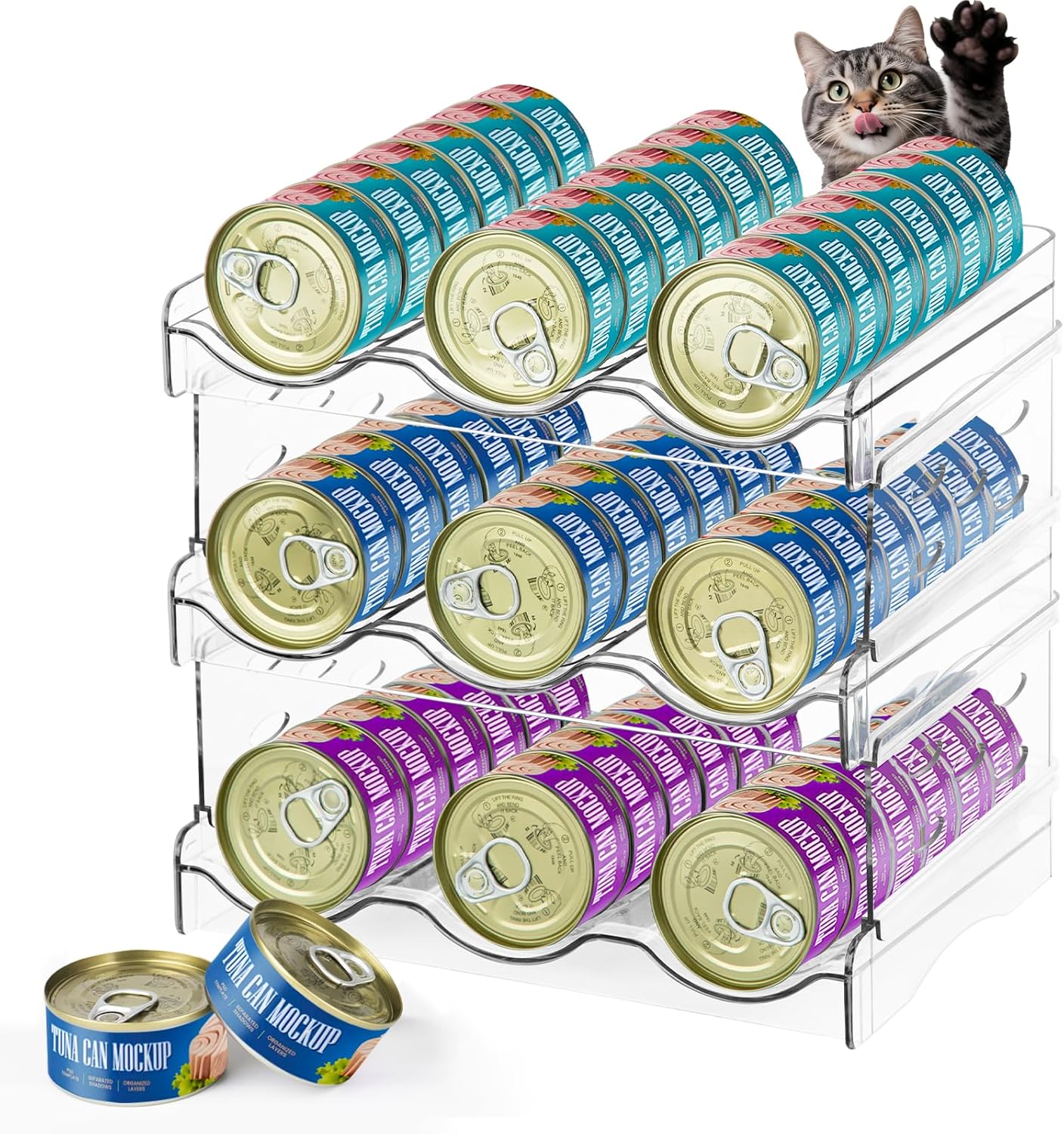 REFLYING Cat Food Can Organizer, 3-Layer Transparent Cat Food Storage Container Holds 54 (3.5oz) Cans, Canned Cat Food Organizer and Storage for Countertop Kitchen Cabinet or Pantry Shelf（3 Layer）