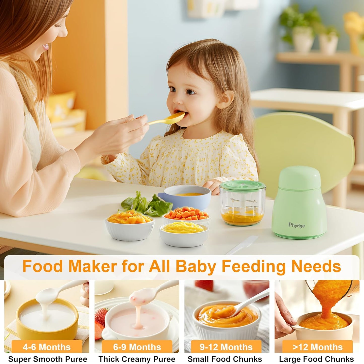 Baby Food Maker-Upgrade, Phydge Baby Food Blender with Baby Food Containers, Silicone Spoons, Easy to Clean, 10oz Baby Food Processor for Fruit, Vegetable, Meat
